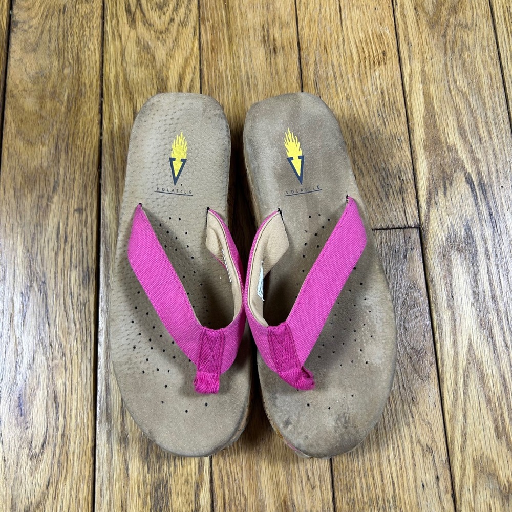 Y2K Volatile Pink Fabric Cork Wedge Platform Flip‎ Flops Sandals Womens Size 8